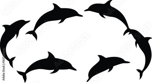 Vector art of a group of black dolphin silhouettes swimming in a circle, isolated on a white background