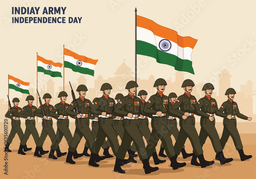 Illustration of Indian Army soldiers marching in a parade with national flags.