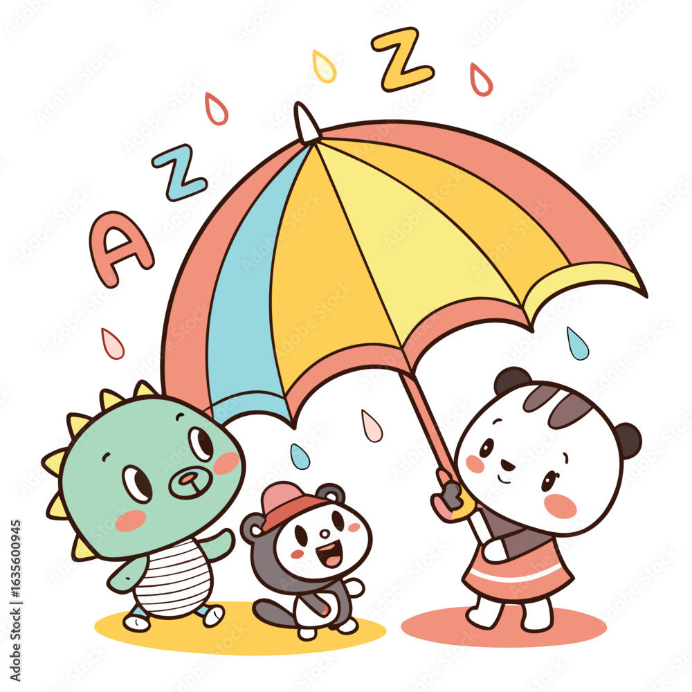 Obraz premium Whimsical Adventure Under the Umbrella: A cheerful illustration of three cute animal characters, sheltering under a colorful umbrella, playing happily in the rain, a joyful scene!