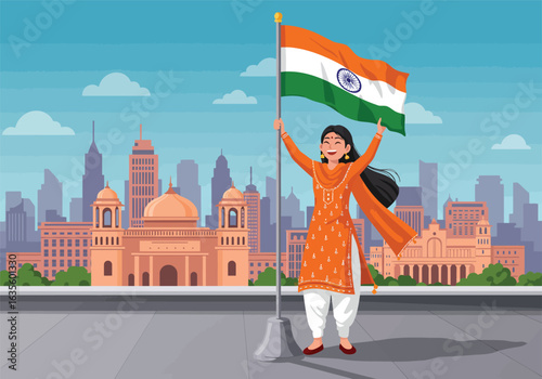 A joyful Indian woman in a traditional orange salwar kameez proudly holding the waving flag of India.