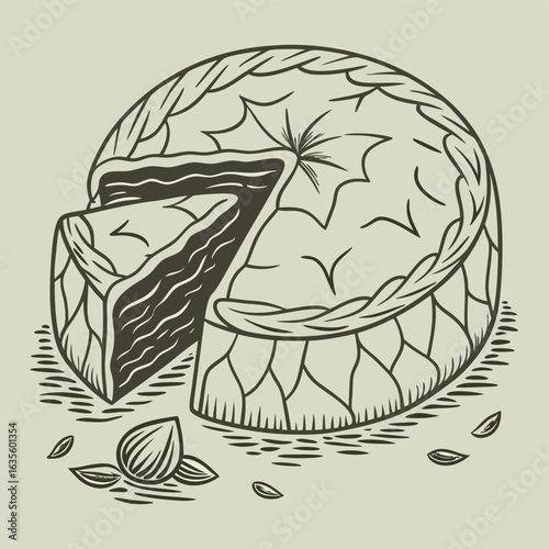 Artisan Brie: A charming, artful portrayal of a classic artisan brie cheese, perfectly cut, showcasing its texture and appealing presentation, ideal for culinary projects.
