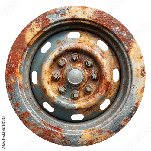 Rusty spare wheel hubcap close-up, isolated on transparent background
