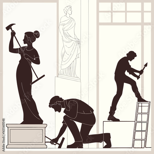 Silhouetted Sculptors: Intricate silhouettes of three individuals, each engrossed in the delicate work of sculpting, evoke a sense of artistic dedication, against the backdrop of a museum or studio. 