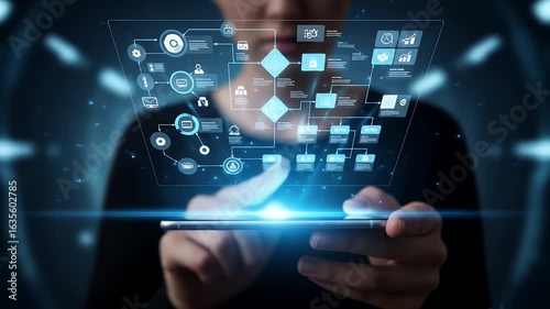 Person interacting with a futuristic holographic flowchart on a smartphone