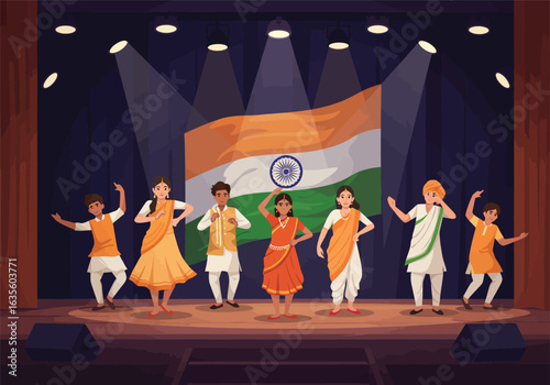 Indian Dancers on Stage with Traditional Attire and Flag Backdrop.