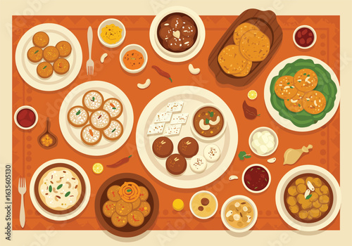 Flat lay illustration of a traditional Indian food feast with various savory and sweet dishes.