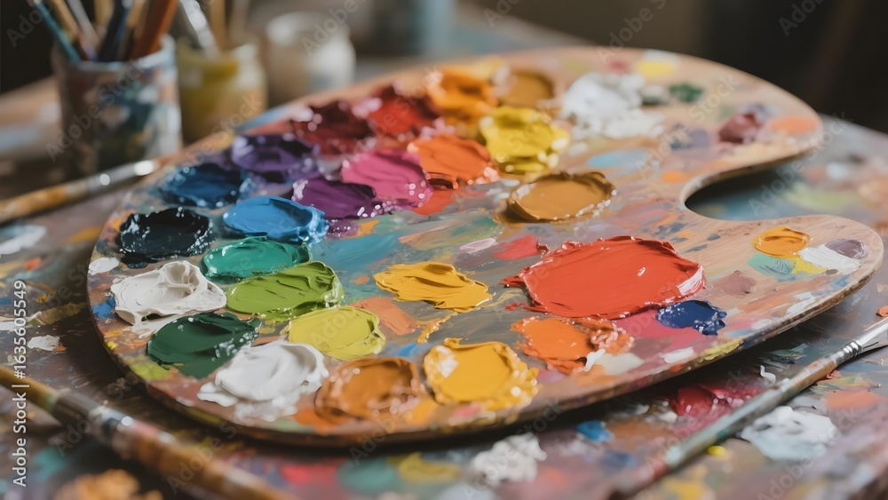 Fototapeta premium Artist's Palette with Vibrant Paint Colors and Brushes