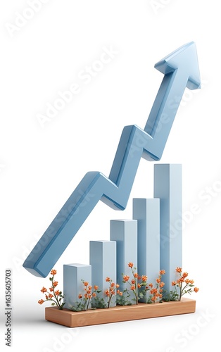 3D Render of Blue Upward Trending Graph with Orange Flowers on White Background