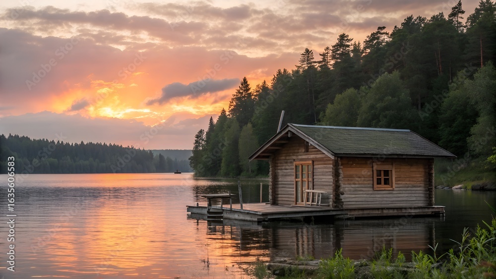 Fototapeta premium surrounded by a forest a wooden sauna house float
