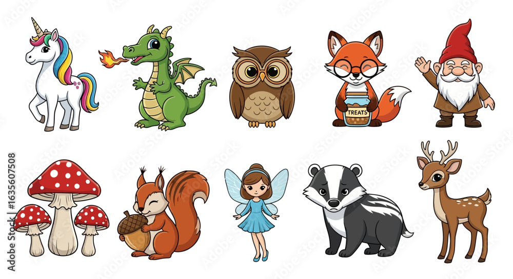 Fototapeta premium Cute Woodland Animals with Cartoon Set, and Fantasy.