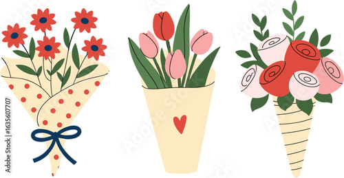 Three stylized floral bouquets in red pink and cream colors with green leaves flowers