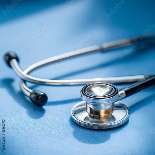 Stethoscope on blue background: A close-up shot of a classic medical stethoscope, laying on a smooth blue surface, signifies health care and medical diagnosis. 