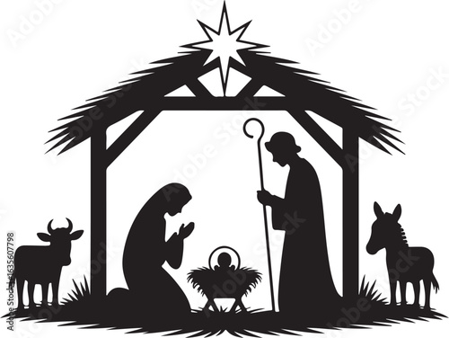 Vector Clip Art of Holy Night Characters in a True Story Nativity Scene Silhouette, representing Holidays Christmas and Religion in a Cut File Design