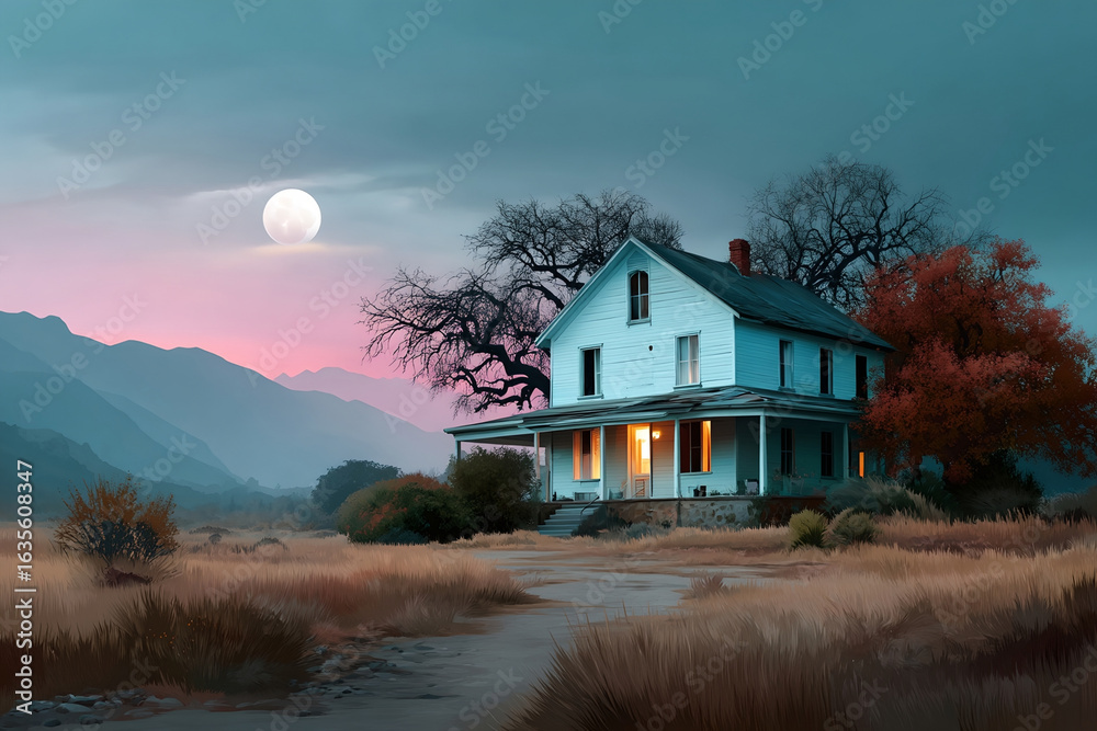 Naklejka premium Old house with glowing windows under full moon at dusk in autumn landscape with dry grass and distant mountains