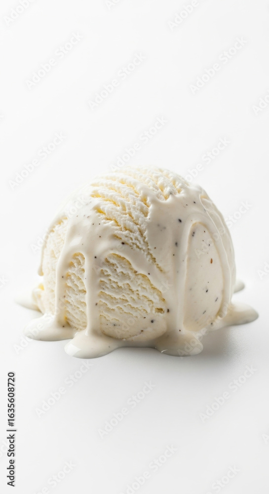 Naklejka premium Vanilla ice cream melting dessert creamy sweet dairy cold food indulgent scoop white summer treat delicious frozen snack soft texture flavor refreshing gourmet classic simple minimal isolated