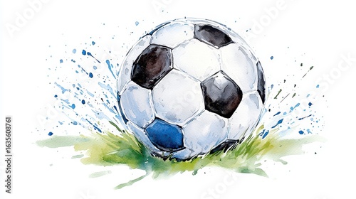 A vibrant watercolor painting depicts a soccer ball splashing onto lush green grass, showcasing dynamic action and high-quality artistic detail perfect for sports association