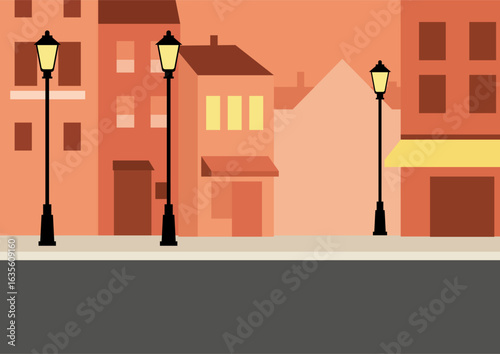 Old city street with lamppost and warm light from window at night, flat style illustration design concept.