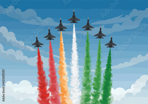 Airshow display of military jets in V-formation with saffron white and green smoke trails.