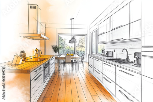 Modern kitchen interior design from a sketch to a colored concept.