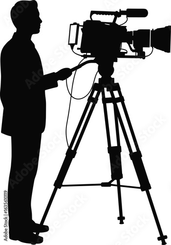 Silhouette of cameraman filming with video camera on tripod, professional video shoot, film production, broadcasting, recording, flat vector illustration