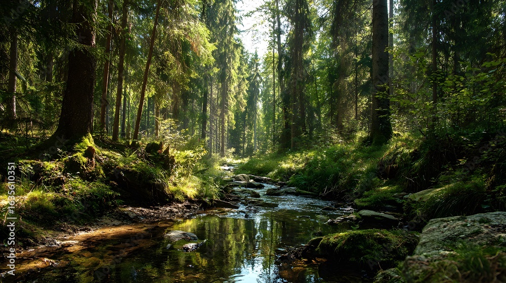Obraz premium Green forest in sunlight with forest stream