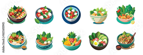 Salad Bowl Vector Art Collection with Greek Caesar Vegan Fruit Caprese and Mediterranean Styles