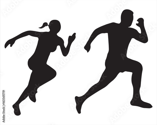 Dynamic Silhouettes of Male and Female Runners  Vector EPS for Sports, Fitness and Teamwork Designs