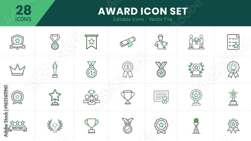  Minimal Line Award Icons Set – 28 Editable Vector Trophies, Medals, Certificates, Crowns, Ribbons, Badges, and Achievement Symbols for Success, Sports, Education, and Competitions
