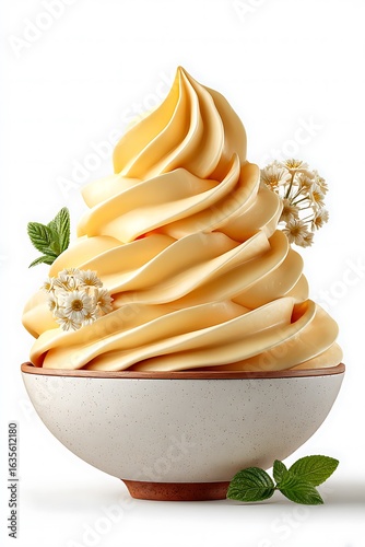 Pale Yellow Swirled Custard in White Bowl with Floral Garnish