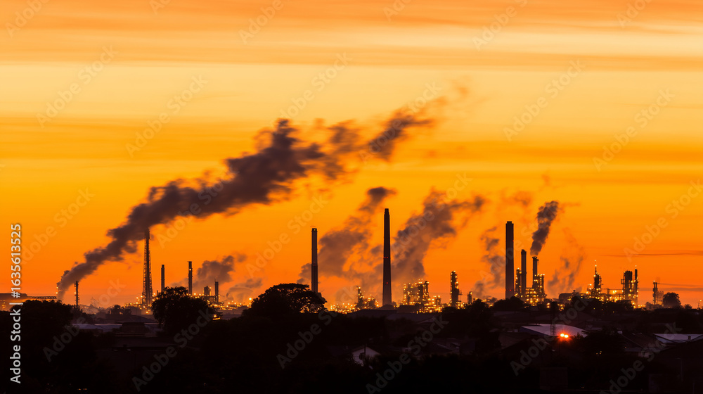 Obraz premium Industrial refinery at sunset with steel structures against a dramatic orange sky.