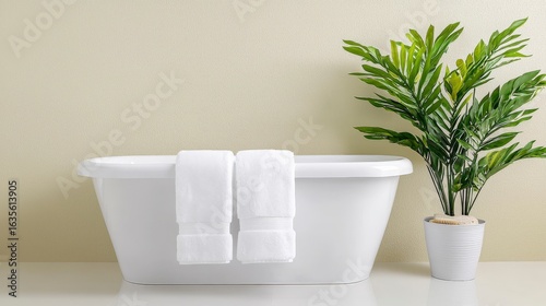 Wallpaper Mural Elegant White Freestanding Bathtub in a Luxurious Bathroom Setting with Towels and Decorative Plants Torontodigital.ca