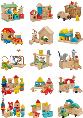 Wooden Toy Assortment On Transparent Background Illustration With Animals