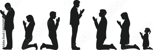 Muslim family praying together, silhouette people in prayer, faith and spirituality, Islamic worship, religion unity, flat vector illustration, devotion
