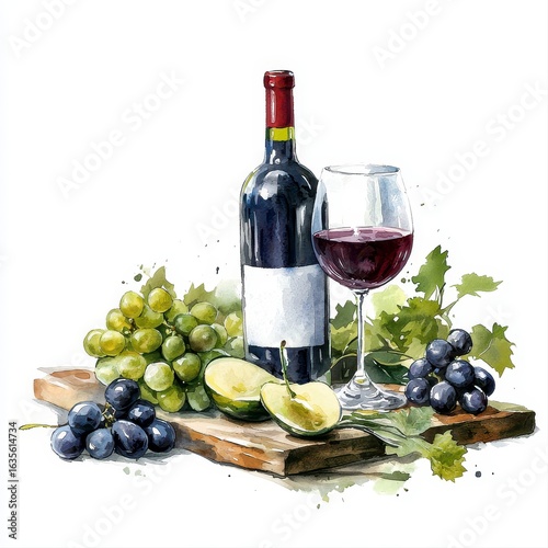 A watercolor painting depicts a bottle of red wine, a glass of wine, green and purple grapes, and s on a wooden board with copy space ideal for wine dinner invitations or