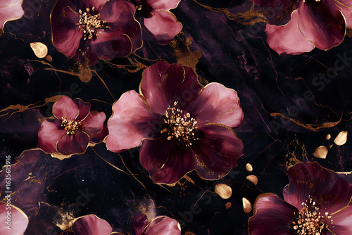 Luxurious Floral Pattern with Gold Veins on a Dark Marble Background Seamless Wallpaper