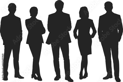 Business professionals silhouette group, standing together, formal attire, teamwork concept, corporate team, office staff, unity, leadership, flat vector illustration