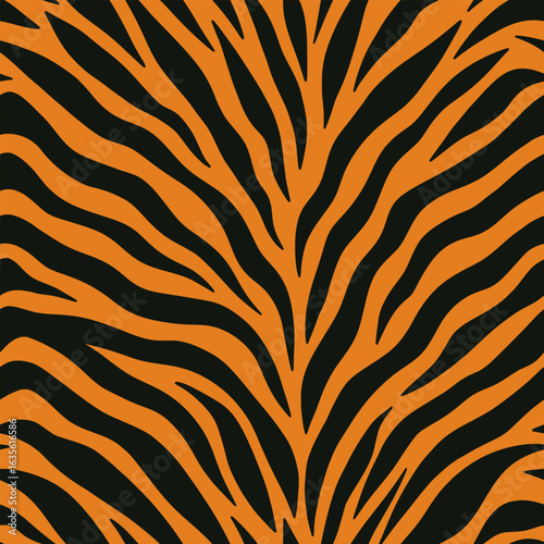 Seamless tiger print pattern. Classic and bold animal skin texture with black stripes on orange background, perfect for fashion and decor. Vector animalistic print, animal skin. Tiger pattern.
