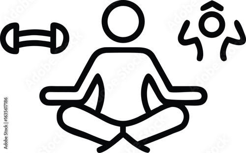 Person meditating with dumbbell and stress icon isolated on white background
