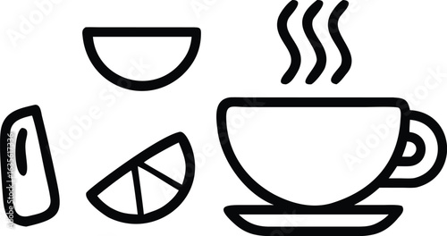 Hot coffee cup with lemon slice and saucer isolated on white background