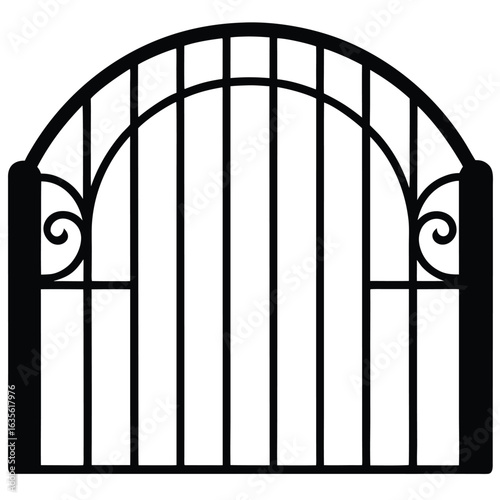 Black and White Ornamental Iron Gate with Arch Top and Scroll Decorations