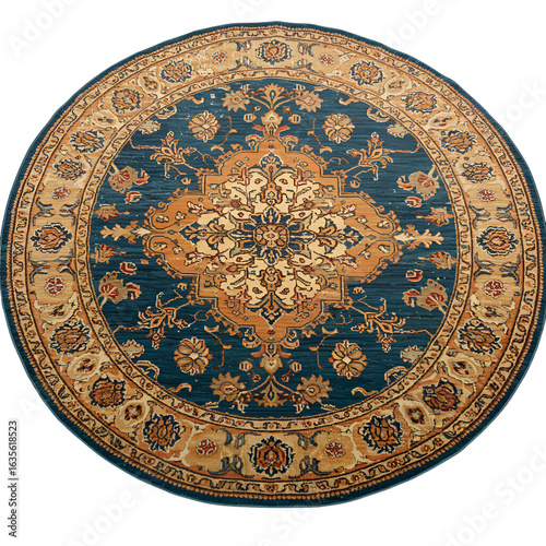 Round Blue Ornamental Rug with Floral Pattern on Isolated Background Illustration