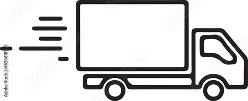 Black and white line art icon of a delivery truck in motion with speed lines indicating movement lorry