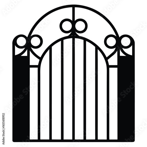 Black Silhouette of Ornate Metal Gate with Arch and Circular Details Design