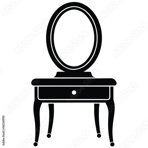 Black Silhouette of Vanity Table with Oval Mirror and Single Drawer Design
