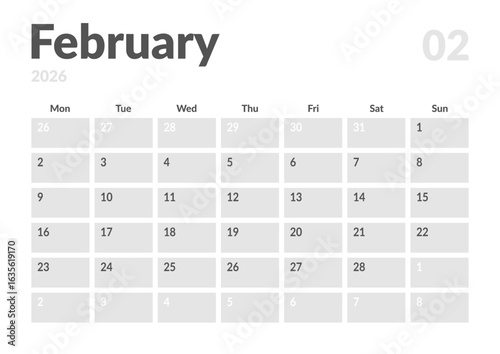 Monthly page Calendar Planner Template design of February 2026. Vector layout of calendar with week start Monday for Scheduling. Page for size A4 or 21x29.7 cm