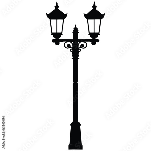 Silhouette of Vintage Street Lamp with Two Lanterns and Ornamental Details
