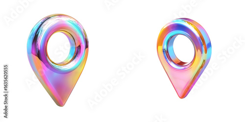 3D map pin icon with a smooth iridescent surface, reflecting vibrant holographic colors in a modern design isolated on a transparent background
