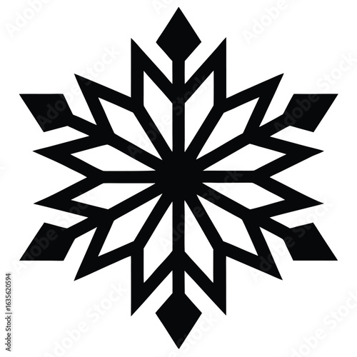Symmetrical Black Snowflake Silhouette with Sharp Edges on White Backdrop