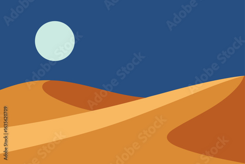 Minimalist desert landscape under a pale moon and dark blue sky