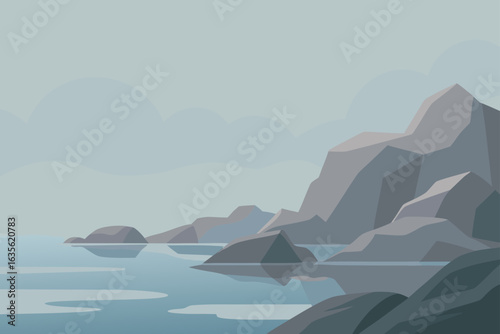 Geometric rocky coastline under a cloudy sky
